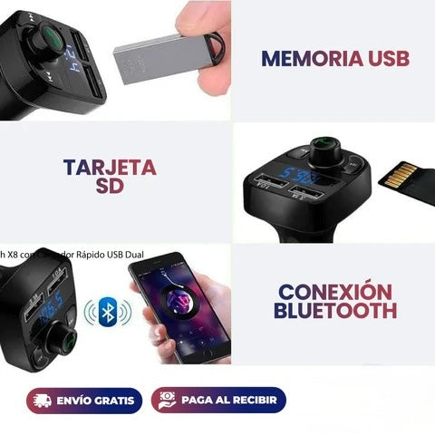Transmisor FM Bluetooth para Coche con Cargador USB
