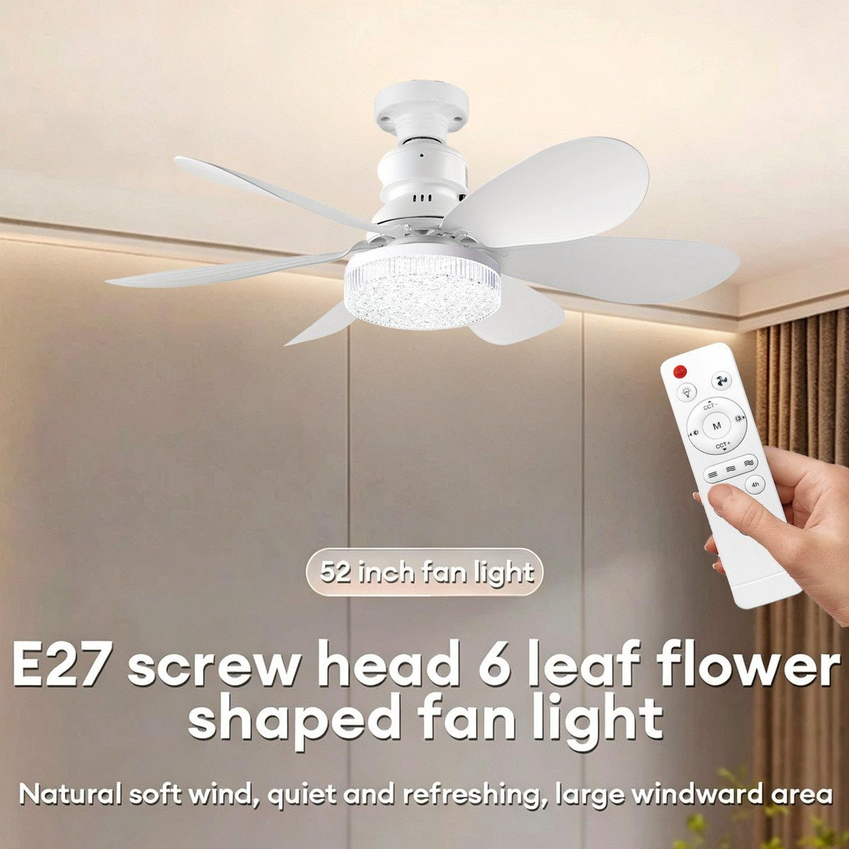 Abanico de techo con luz LED — rosca E27, 6 aspas, control remoto